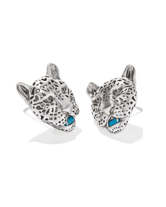 Maura Vintage Silver Jaguar Statement Stud Earrings in Variegated Indigo Magnesite image number 0.0